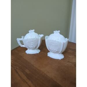 Westmoreland Cherry And Grape Milk Glass Lidded Creamer And Lidded Sugar